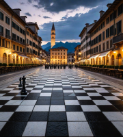 Vista di una lunga piazza al tramonto con pavimentazione a scacchiera con alcuni scacchi